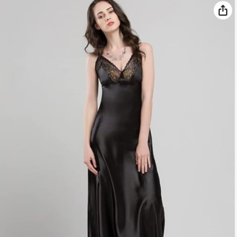 VINTAGE CINE STAR BLACK LINGERIE NIGHTIE NIGHTGOWN CHEMISE DRESS LACE PEIGNOIR L